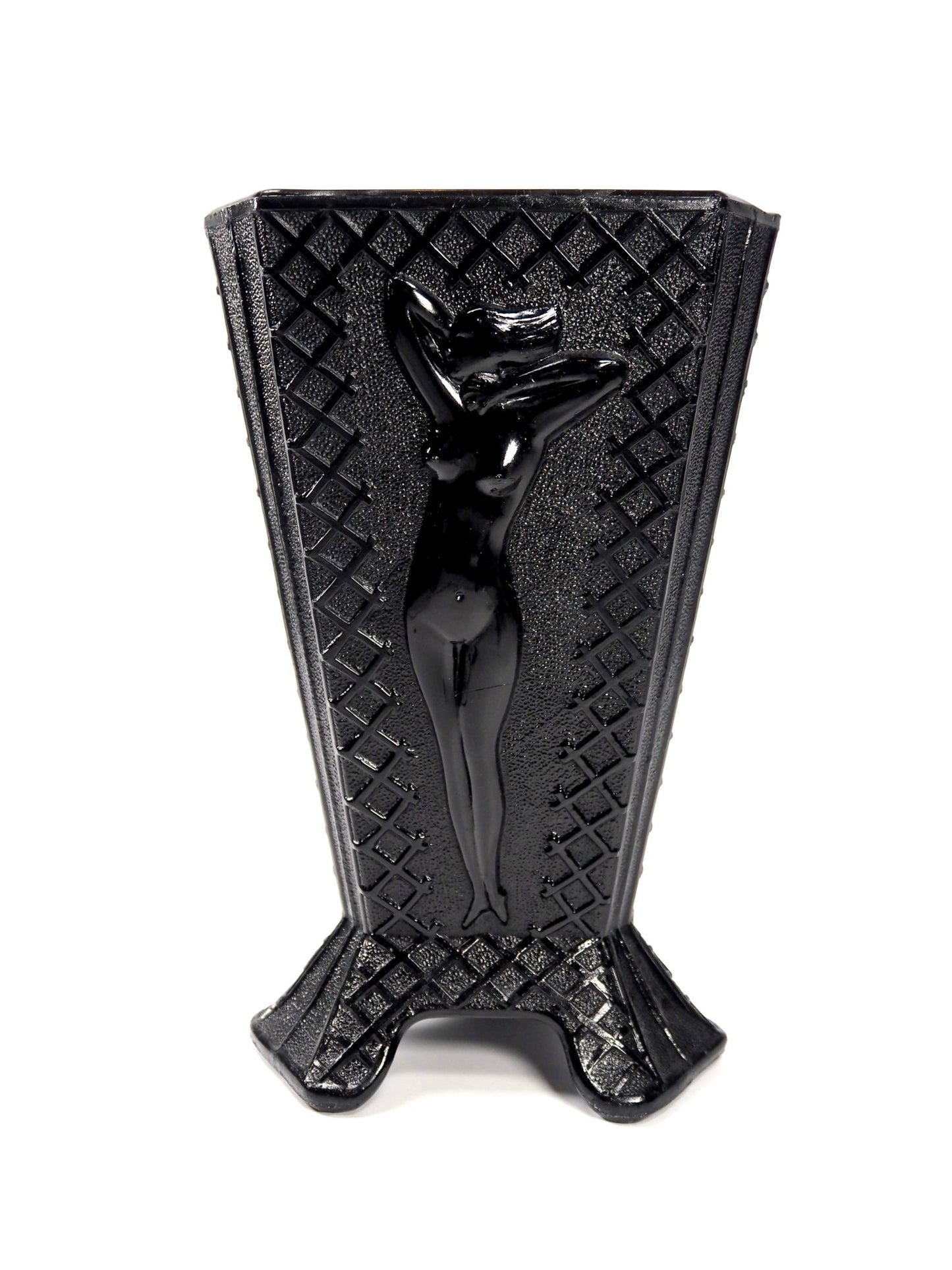 McKee Black Amethyst Art Deco Nude Relief Triangle Vase - Georgie's NYC - Vases