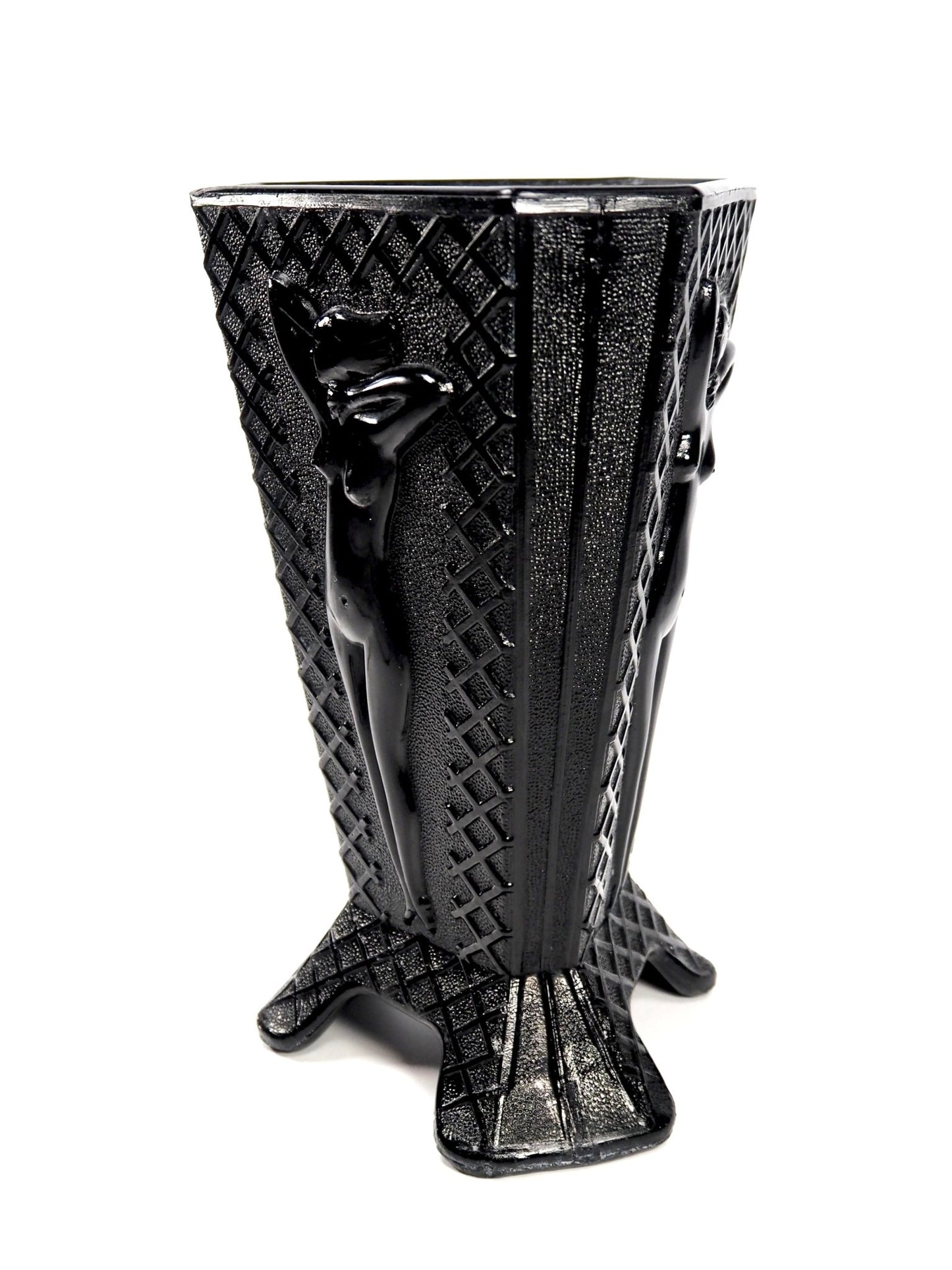 McKee Black Amethyst Art Deco Nude Relief Triangle Vase - Georgie's NYC - Vases