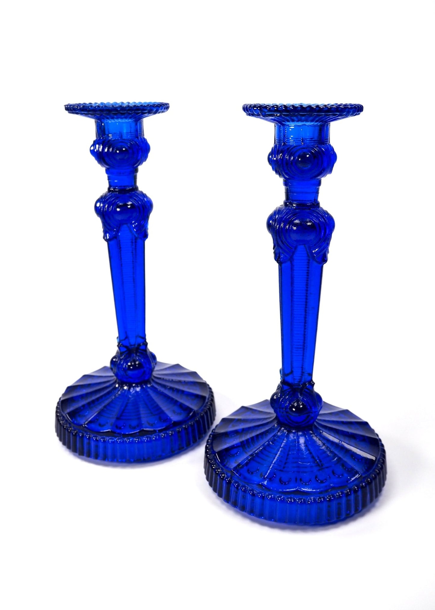Mid Century Cobalt Blue Tall Bedecked Candlesticks - Georgie's NYC - Candle Holders