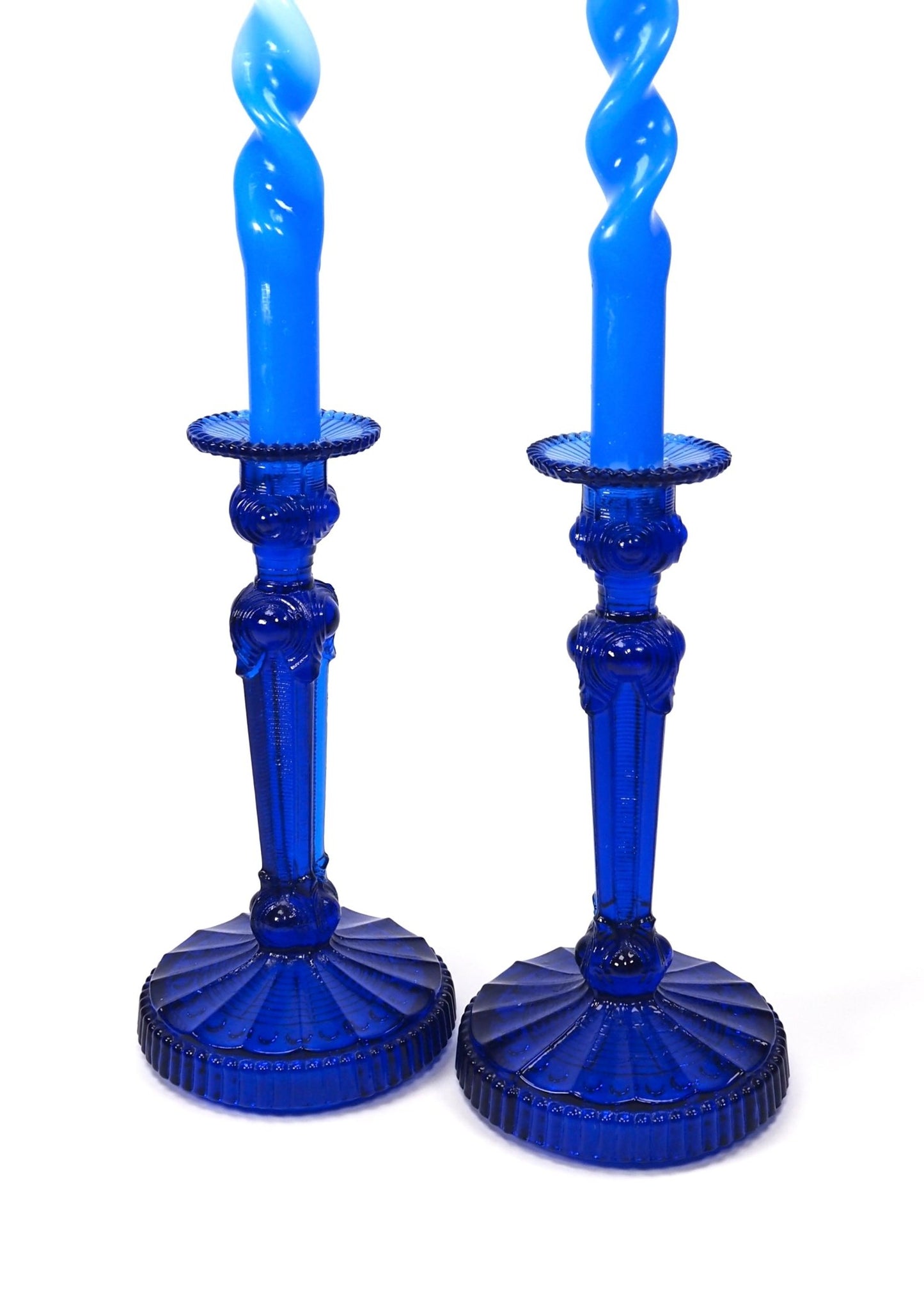 Mid Century Cobalt Blue Tall Bedecked Candlesticks - Georgie's NYC - Candle Holders