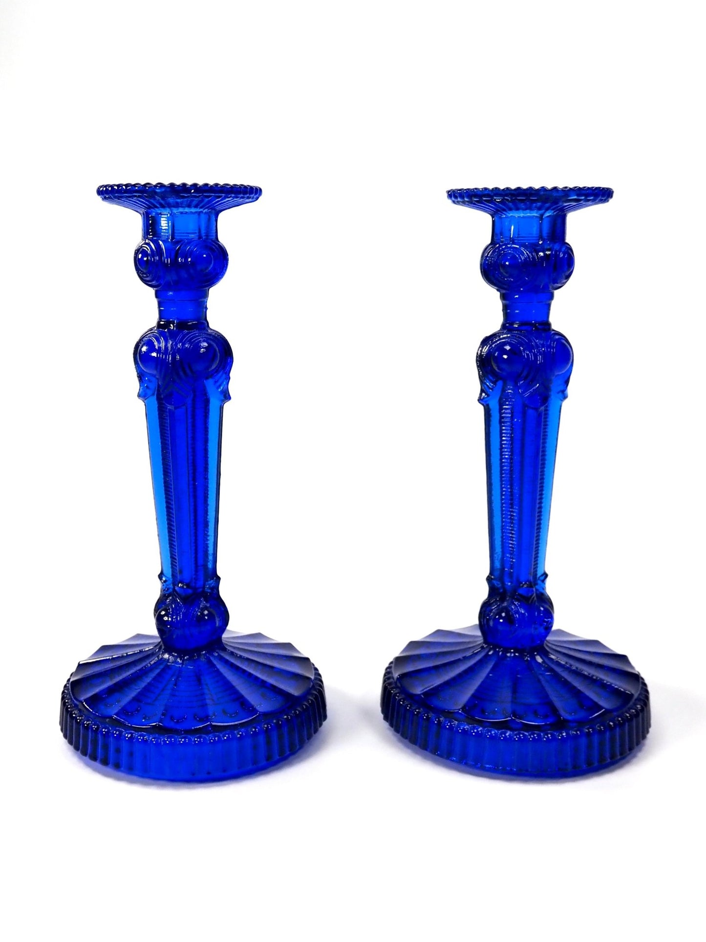 Mid Century Cobalt Blue Tall Bedecked Candlesticks - Georgie's NYC - Candle Holders