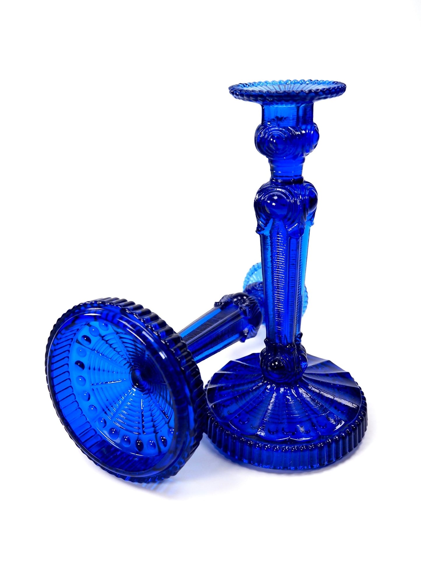 Mid Century Cobalt Blue Tall Bedecked Candlesticks - Georgie's NYC - Candle Holders