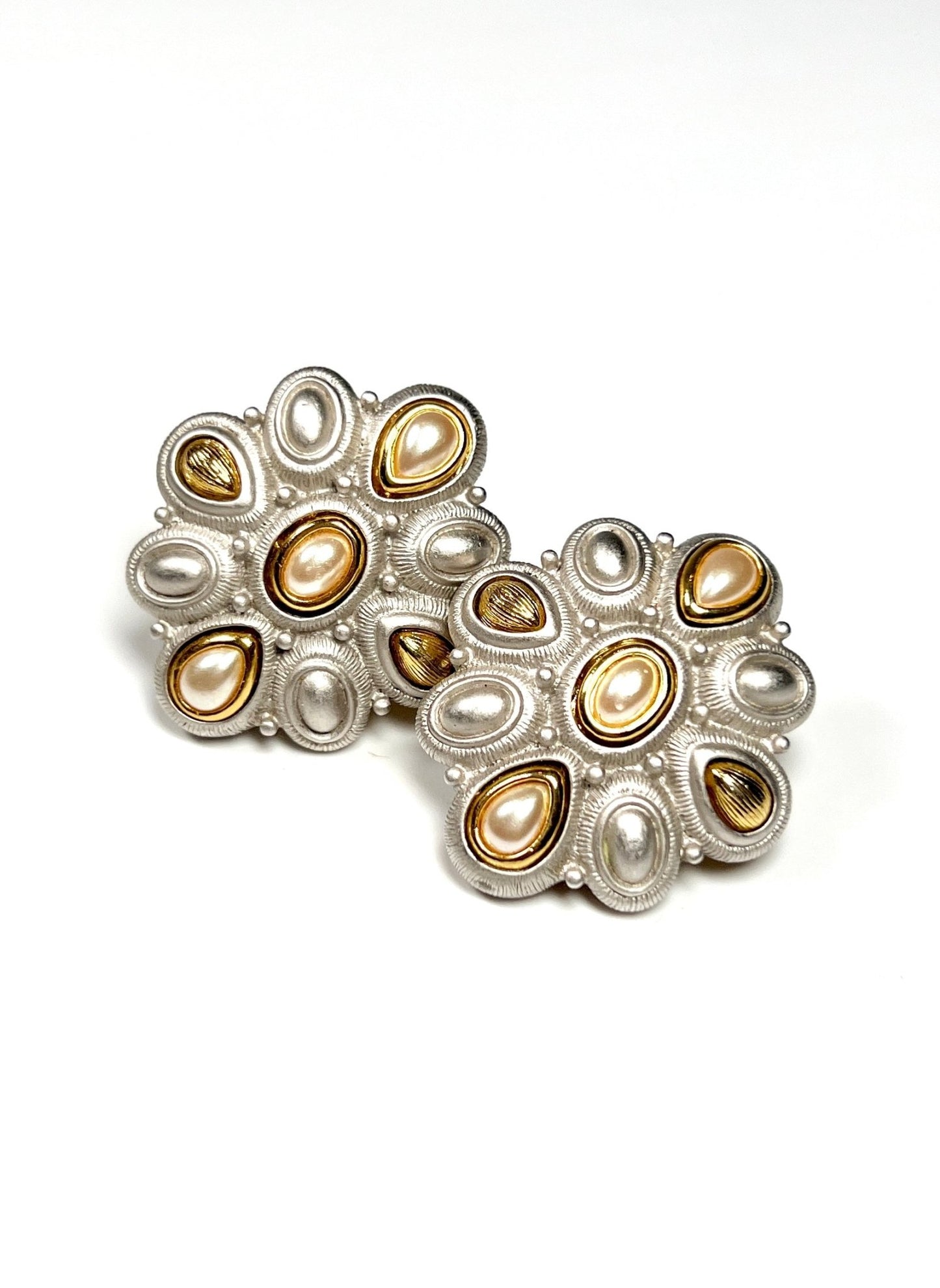Monet Brushed Silver and Gold Pearly Earrings - Georgie's NYC - Earrings
