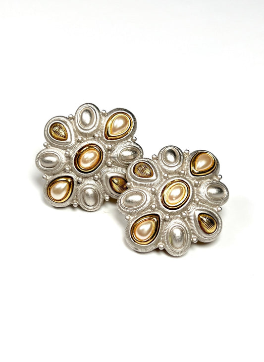 Monet Brushed Silver and Gold Pearly Earrings - Georgie's NYC - Earrings