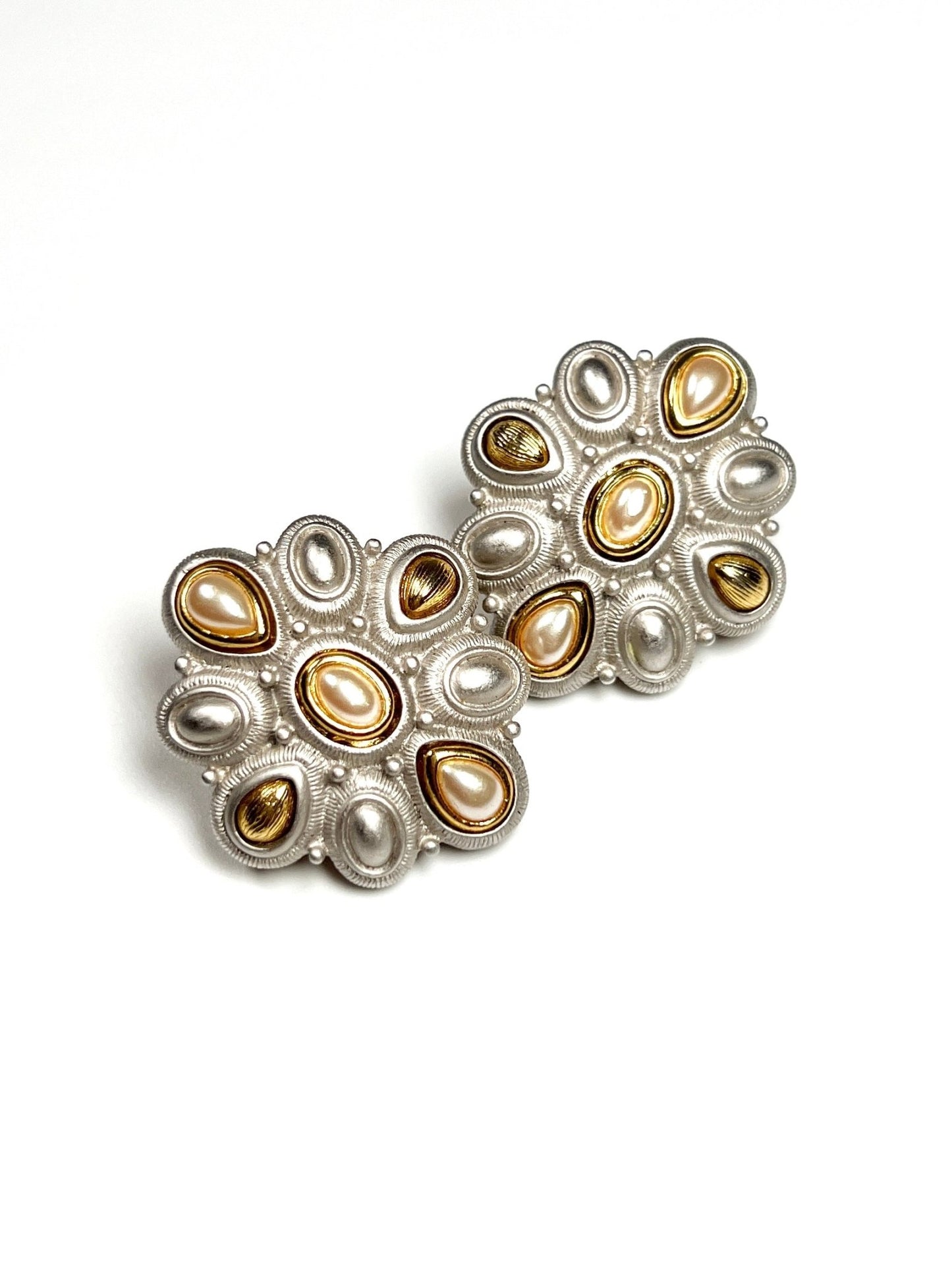 Monet Brushed Silver and Gold Pearly Earrings - Georgie's NYC - Earrings