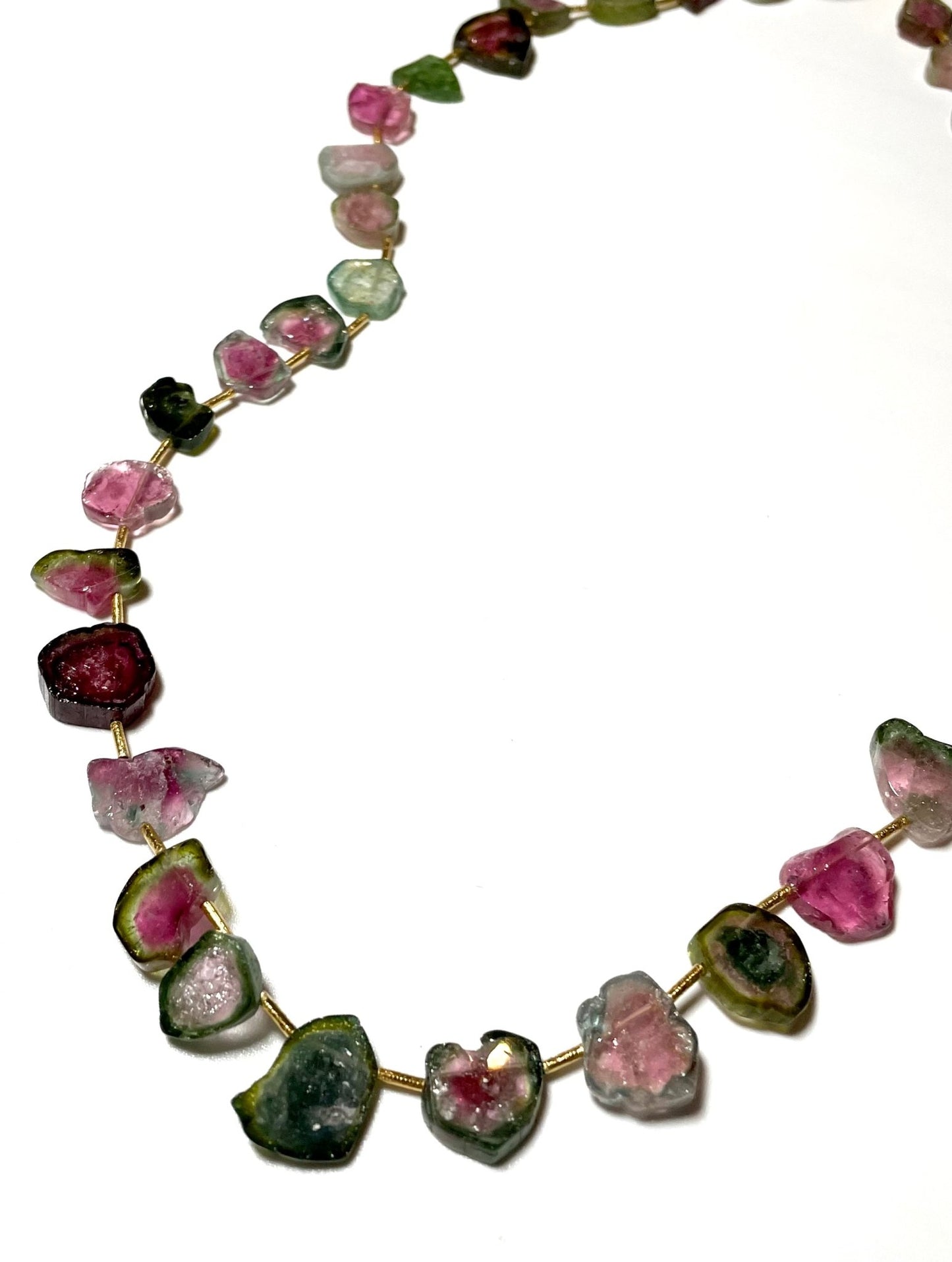 Raw Cut Watermelon Tourmaline and 18K Gold Beaded Necklace - Georgie's NYC - Necklaces