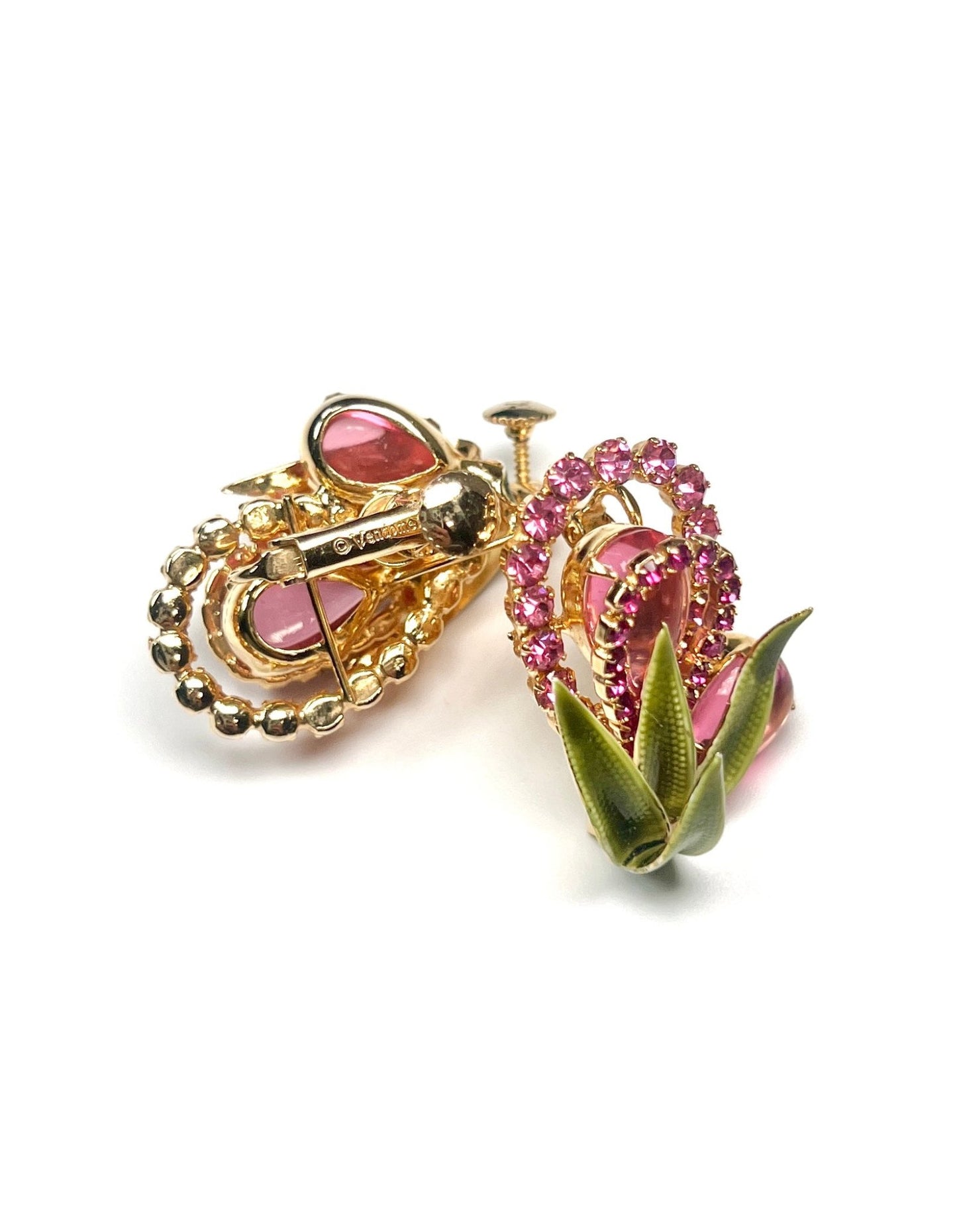 Vendome Pink Rhinestone and Green Enamel Leaf Earrings - Georgie's NYC - Earrings