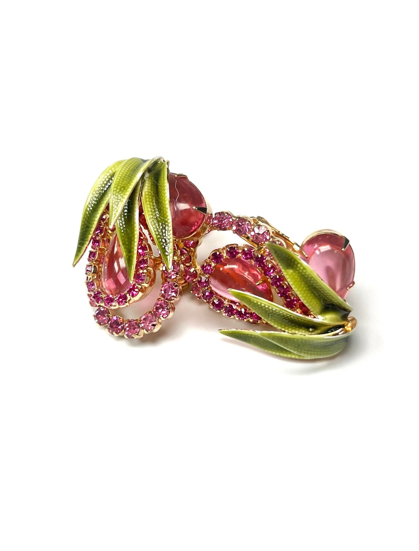 Vendome Pink Rhinestone and Green Enamel Leaf Earrings - Georgie's NYC - Earrings