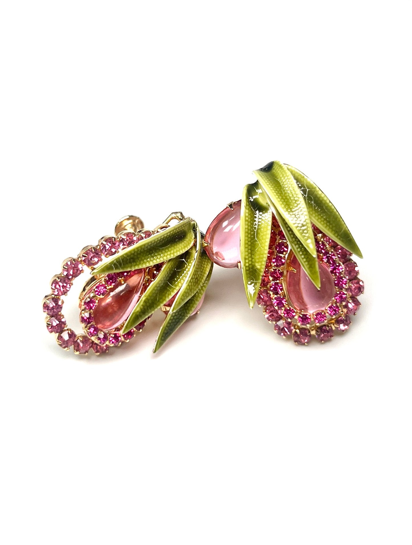 Vendome Pink Rhinestone and Green Enamel Leaf Earrings - Georgie's NYC - Earrings