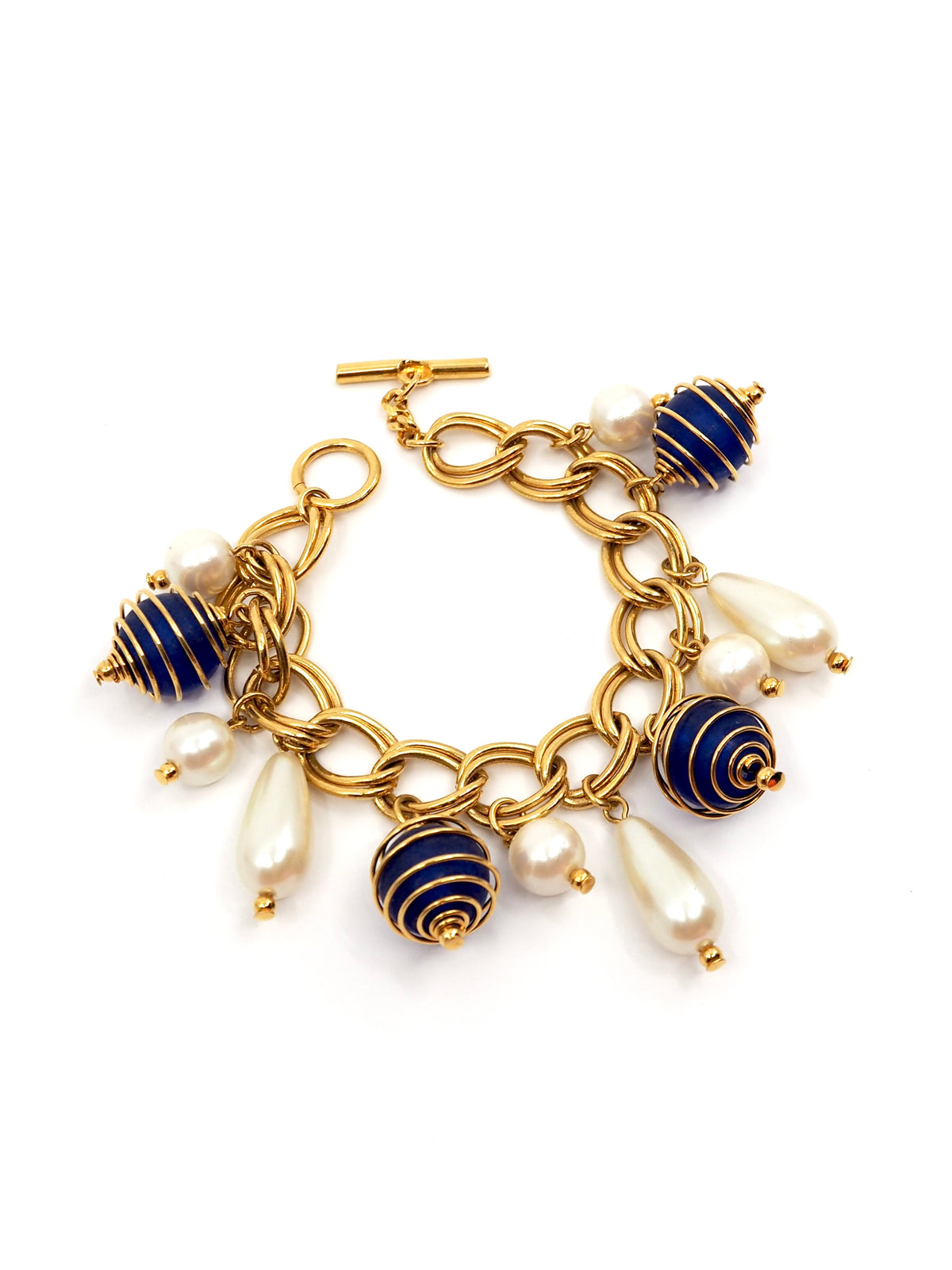 Gold Double Link Chain Charm Bracelet with Blue Caged Beads and Pearls