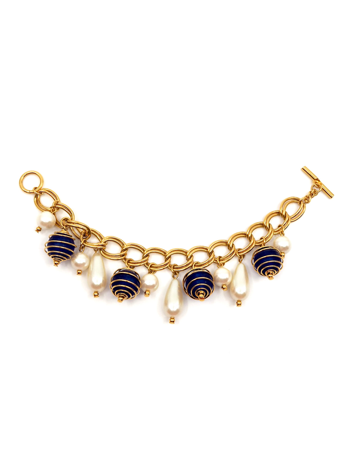 Gold Double Link Chain Charm Bracelet with Blue Caged Beads and Pearls