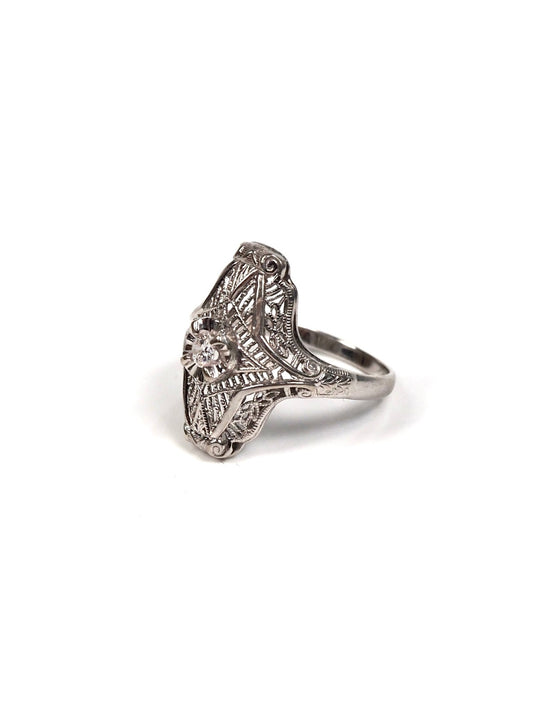 14K White Gold Diamond Filigree Shield Ring - Georgie's NYC - Rings