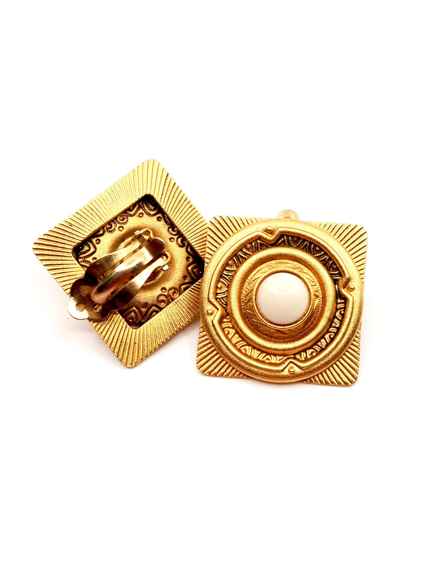 Matte Gold White Cabochon Etruscan Revival Statement Clip Earrings