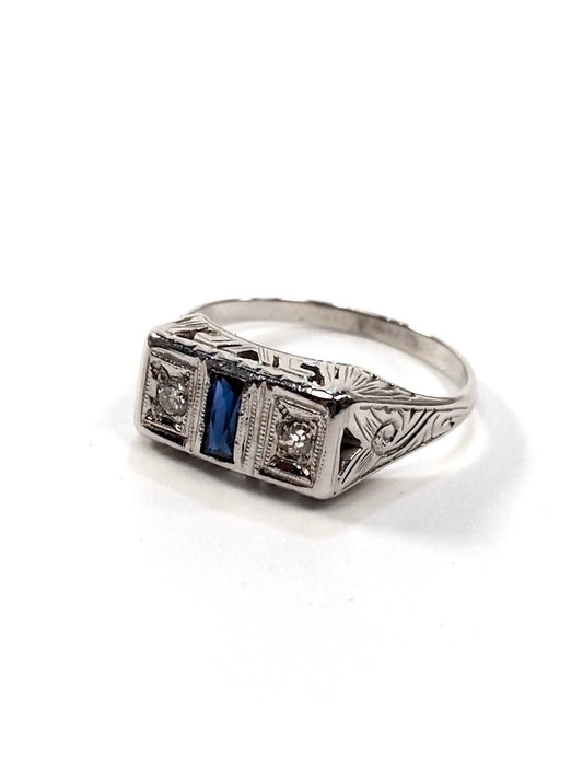 18K White Gold Diamond and Sapphire Rectangular Filigree Art Deco Ring - Georgie's NYC - Rings