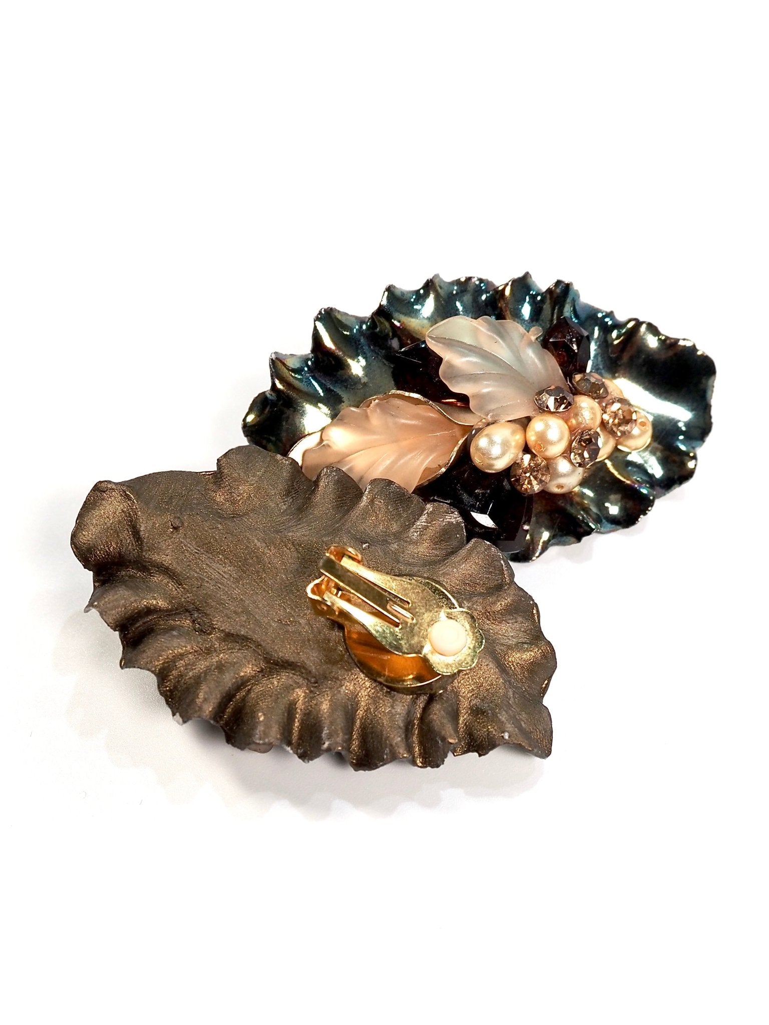 1980s Blue Metallic Giant Leaf Adorned Statement Earrings - Georgie's NYC - Earrings