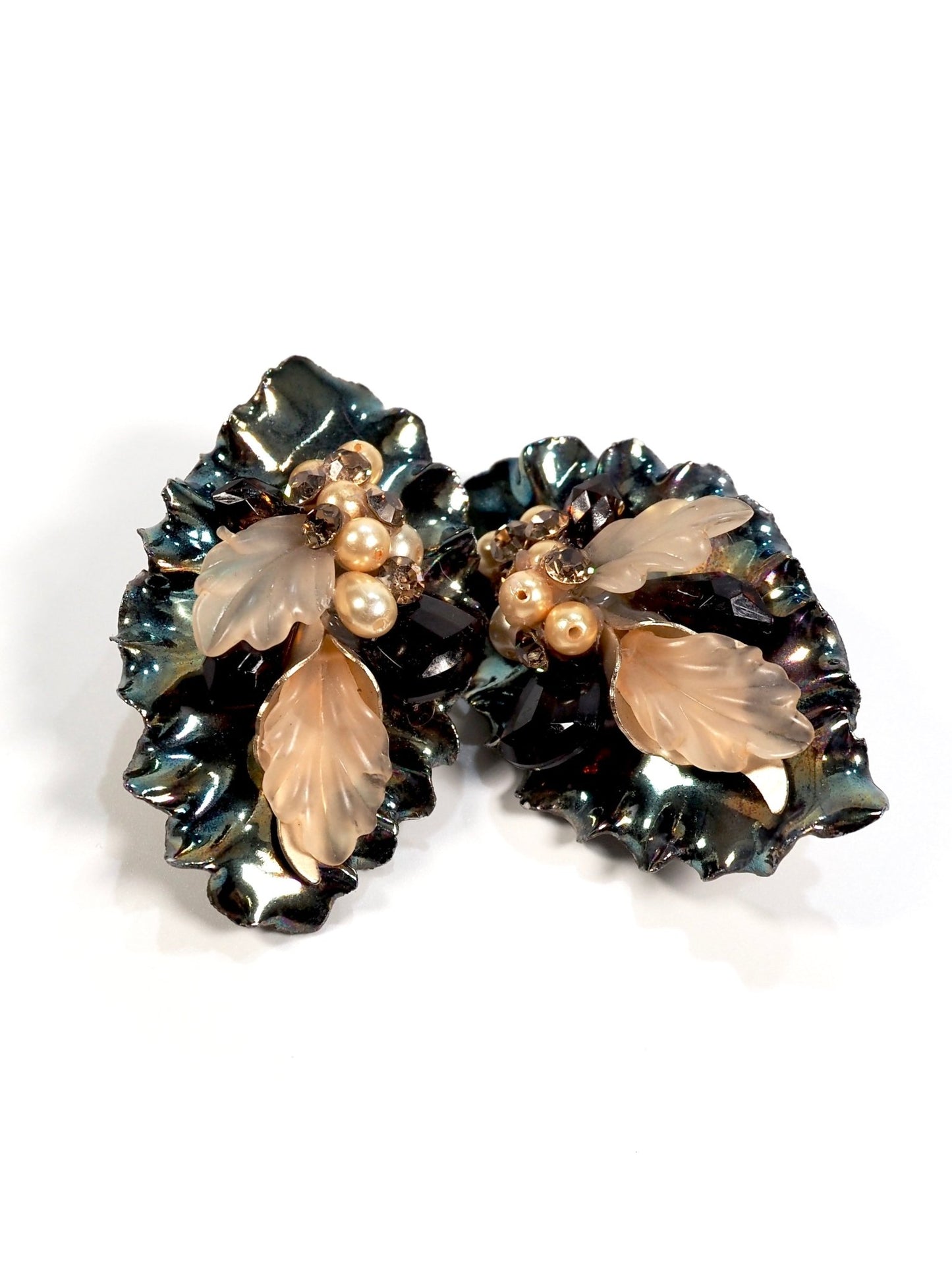 1980s Blue Metallic Giant Leaf Adorned Statement Earrings - Georgie's NYC - Earrings