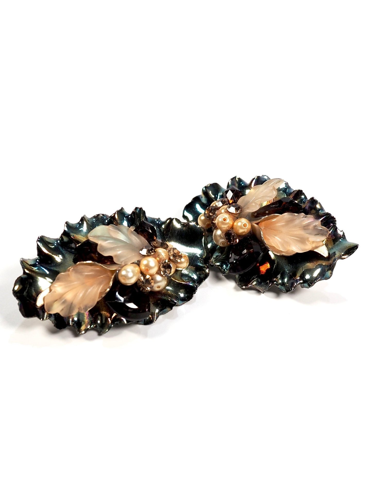 1980s Blue Metallic Giant Leaf Adorned Statement Earrings - Georgie's NYC - Earrings