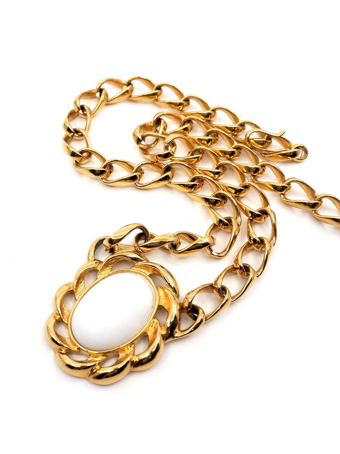 Monet Gold Curb Chain Necklace with White Cabochon Rope Frame Pendant