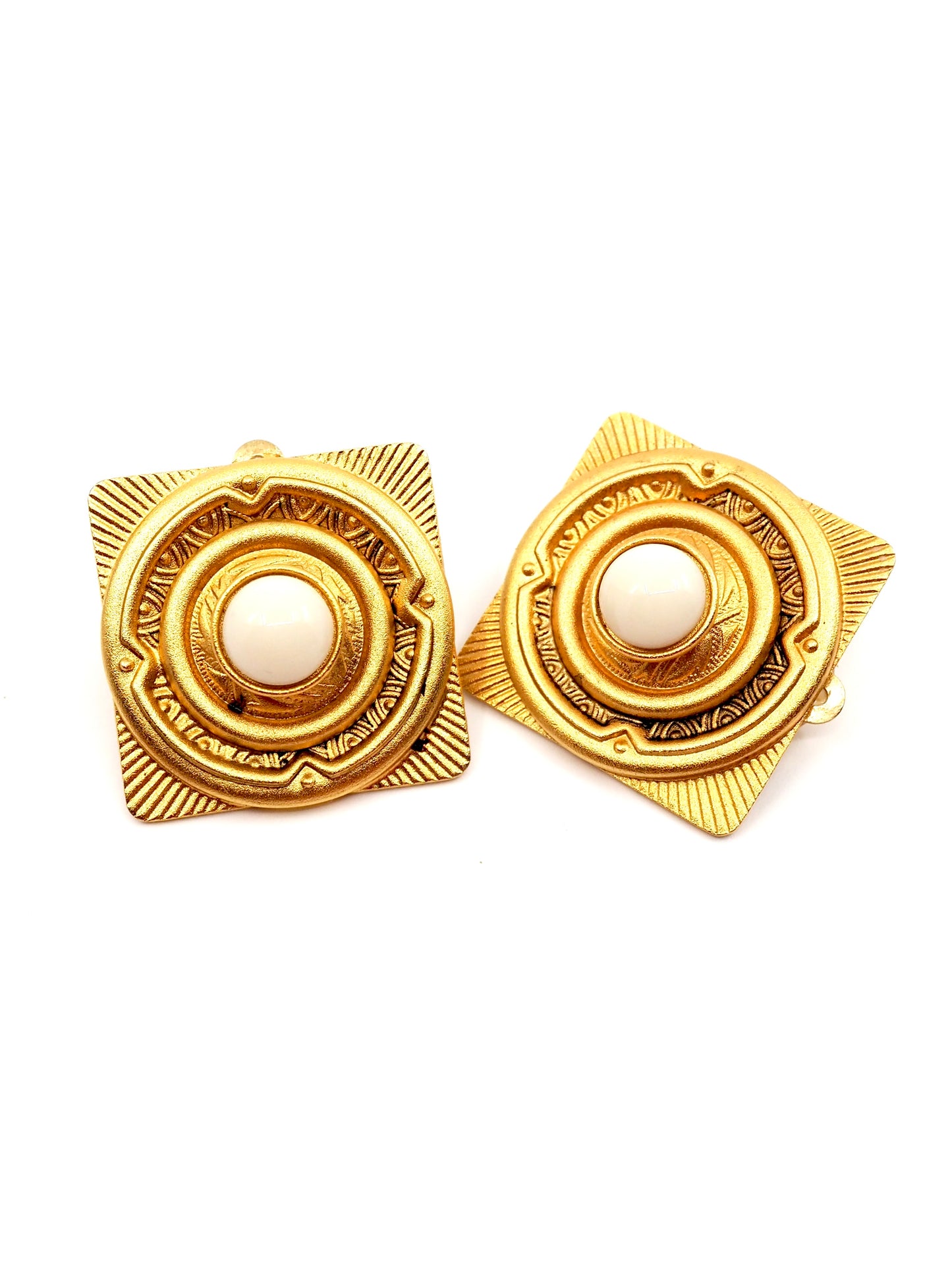 Matte Gold White Cabochon Etruscan Revival Statement Clip Earrings