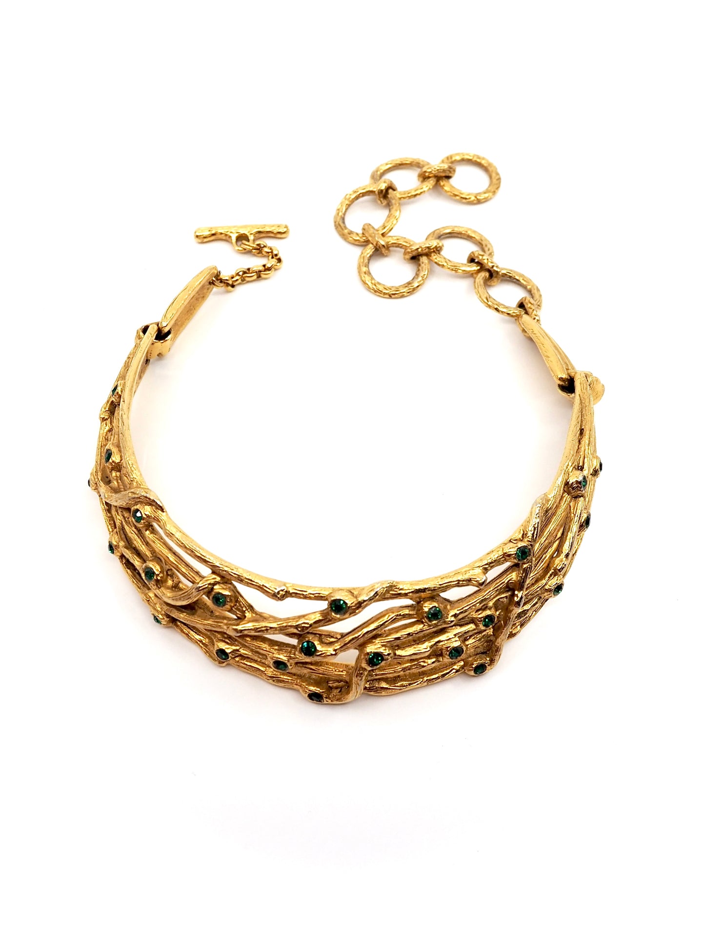 Clara Studio Gold Tone Twig and Branch Choker Necklace with Green Crystals