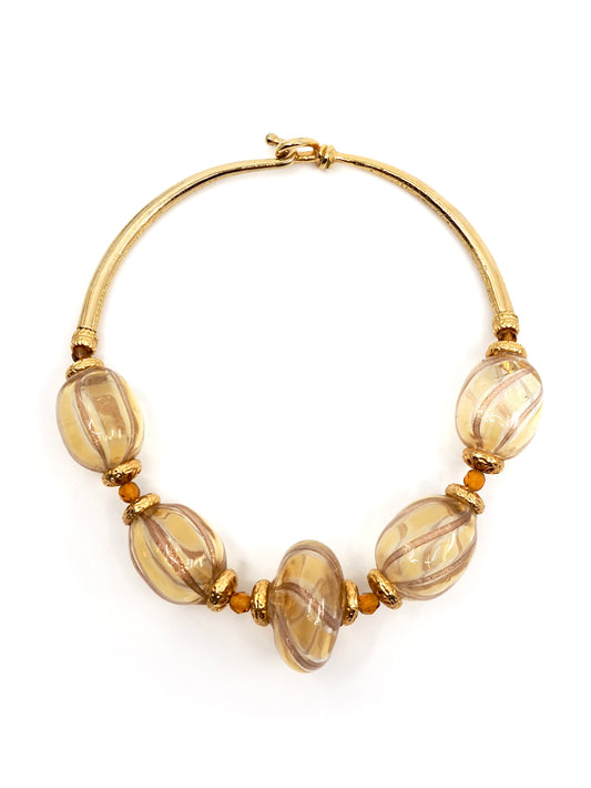 Murano Hand Blown Amber Swirl Glass Necklace with Gold Tone Accents