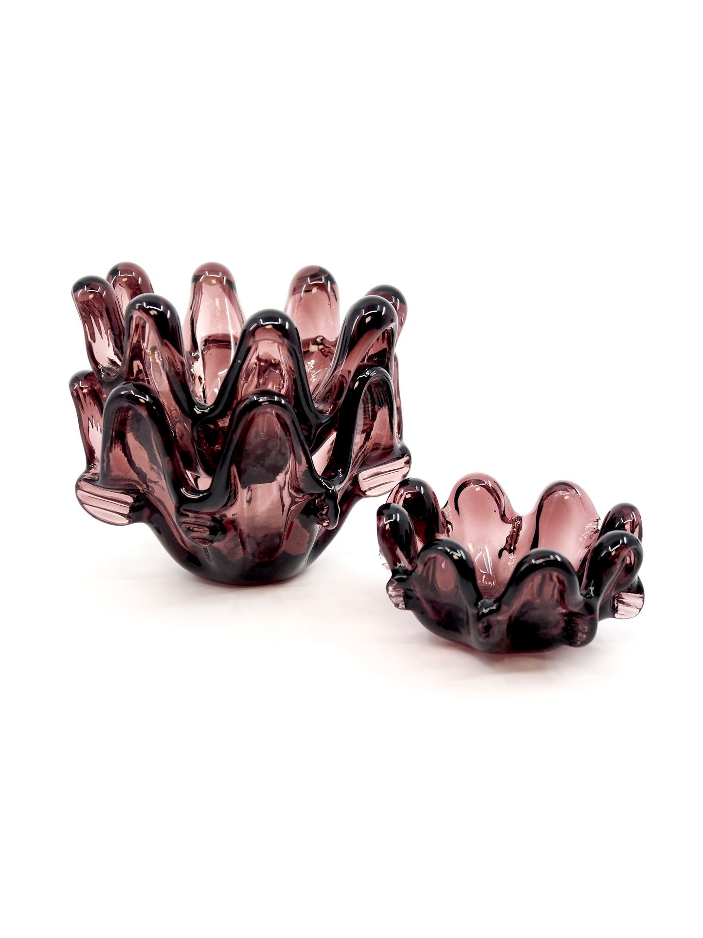 Amethyst Hand Blown Italian Art Glass Splash Rim Bowls, Set of 3