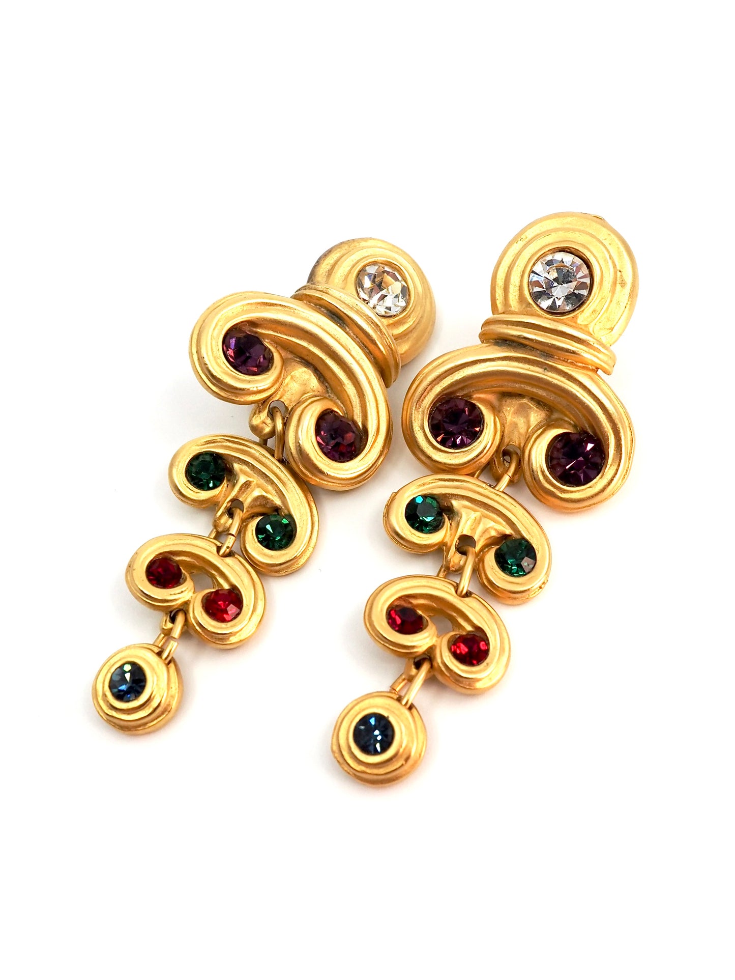 Blanca Gold Byzantine Scroll Multi Jewel Cascade Drop Clip Earrings