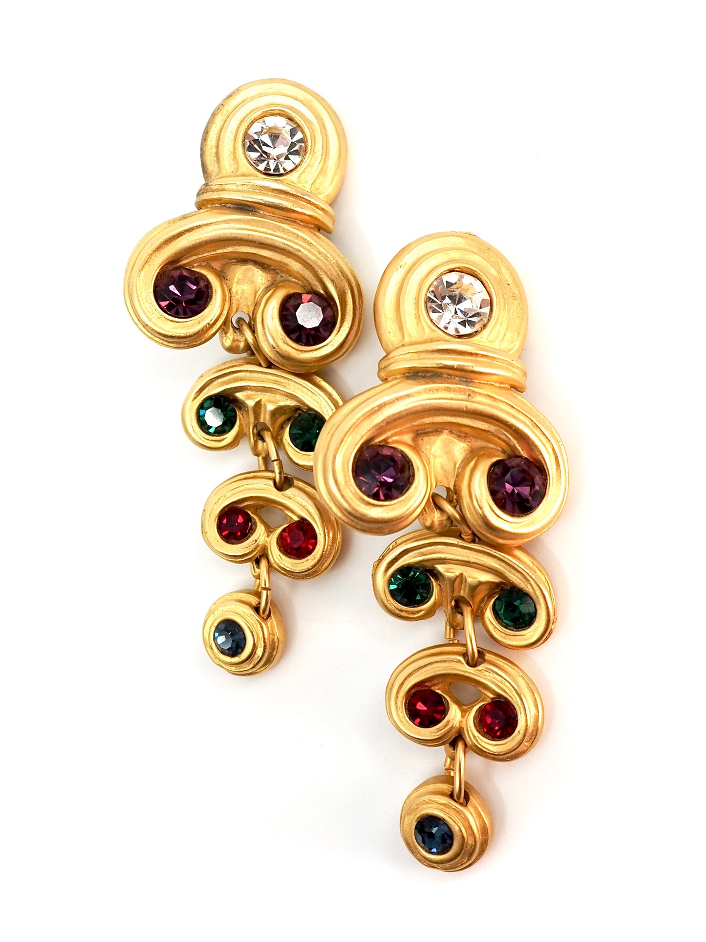 Blanca Gold Byzantine Scroll Multi Jewel Cascade Drop Clip Earrings