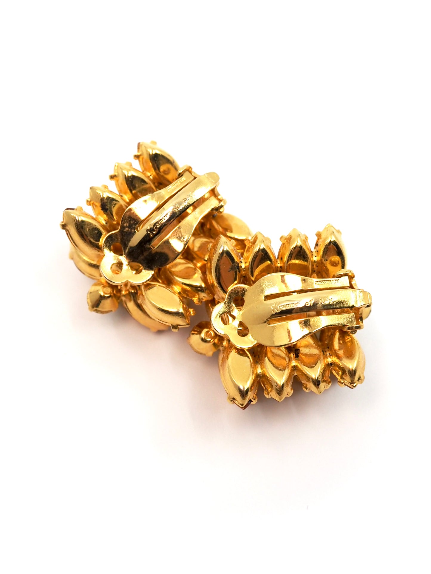 Kramer of N.Y. Canary Yellow and Amber Rhinestone Stacked Cluster Earrings
