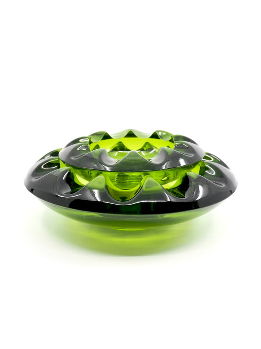 Mid Century Adolph Matura Green Glass Cogwheel Ashtray Set