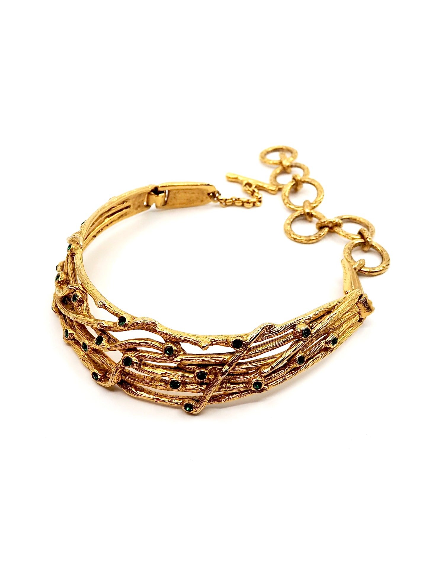 Clara Studio Gold Tone Twig and Branch Choker Necklace with Green Crystals