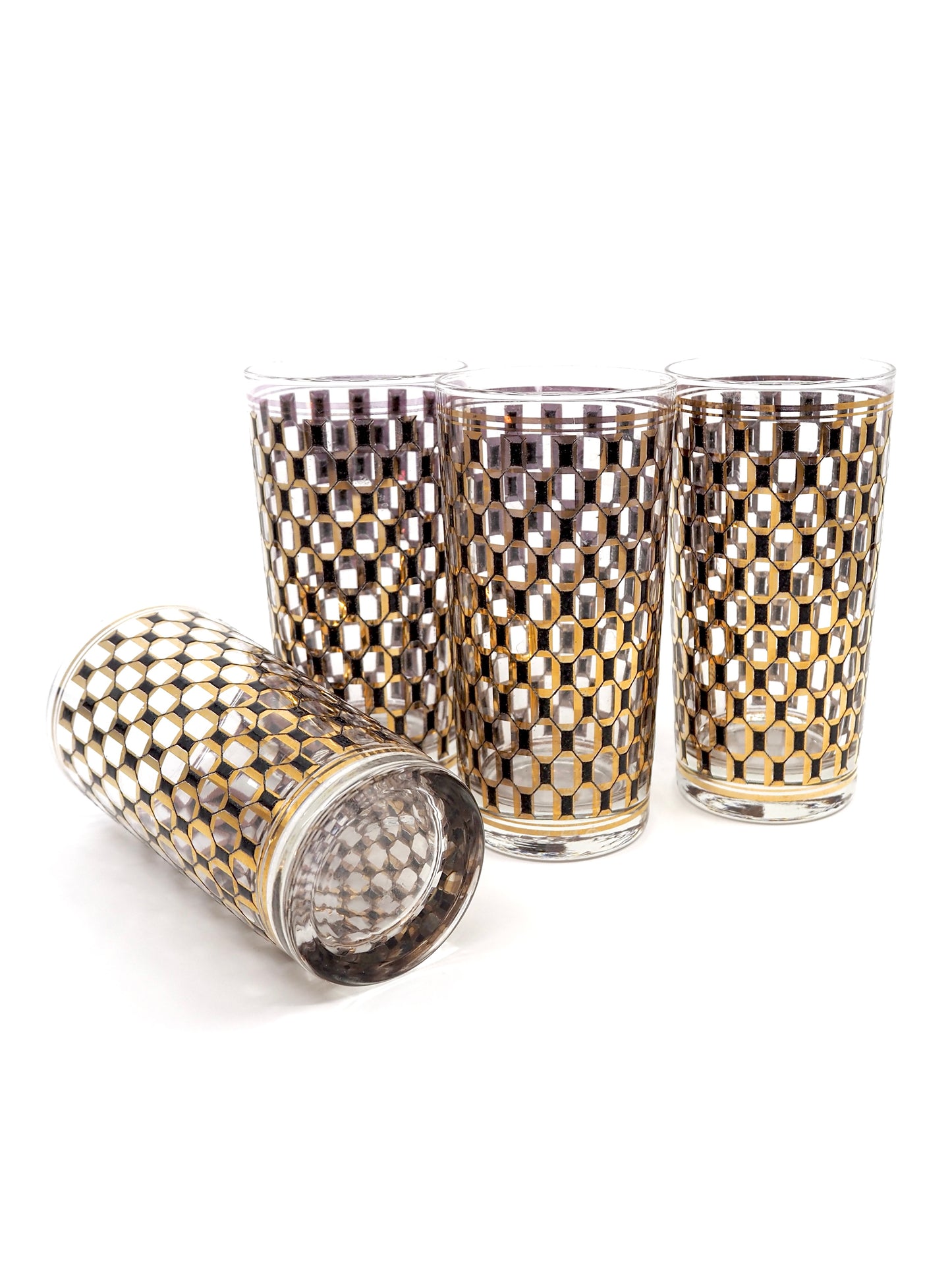 Mid Century Gold and Black Honeycomb Highball Glasses, Set of 4