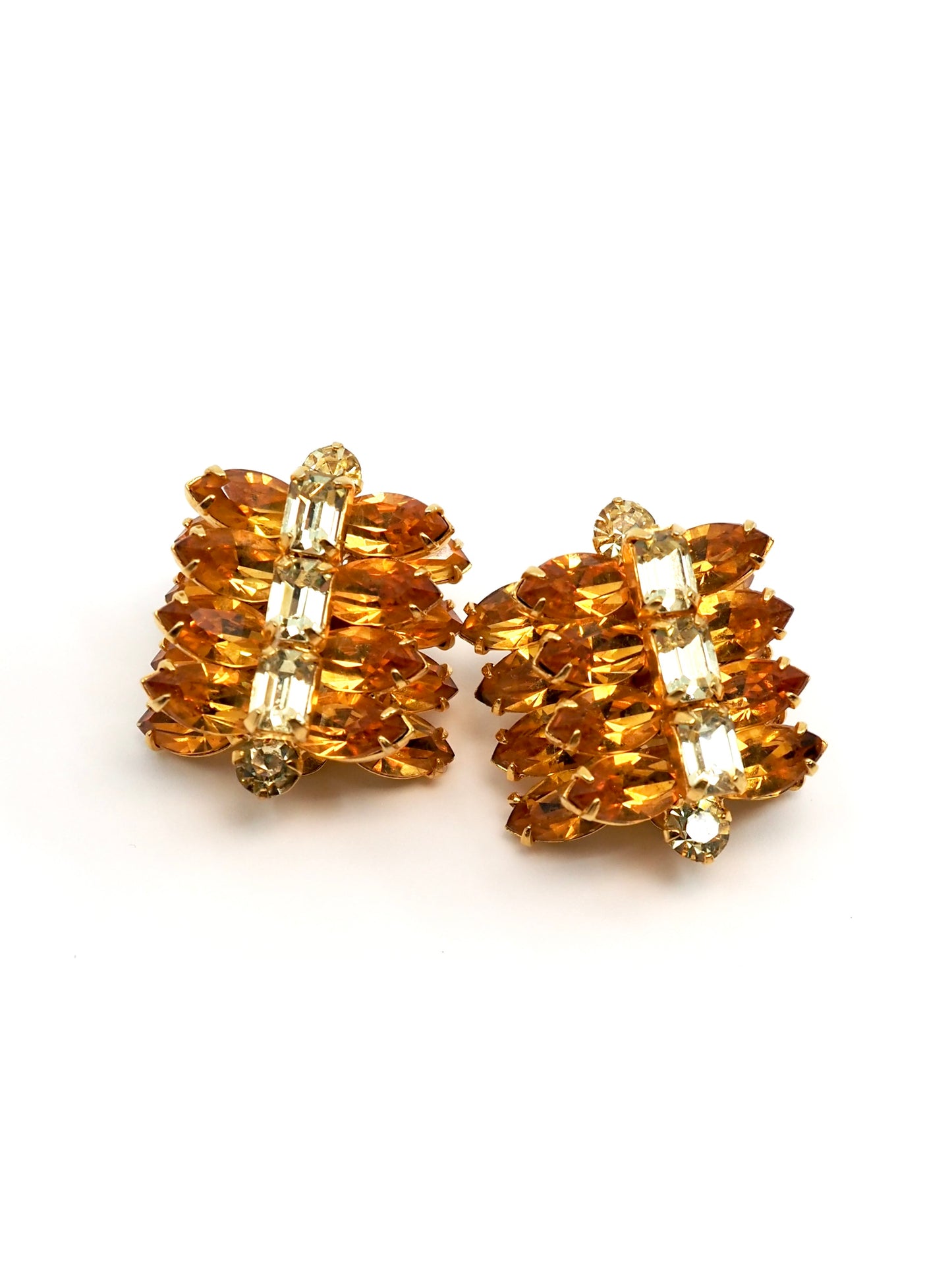 Kramer of N.Y. Canary Yellow and Amber Rhinestone Stacked Cluster Earrings