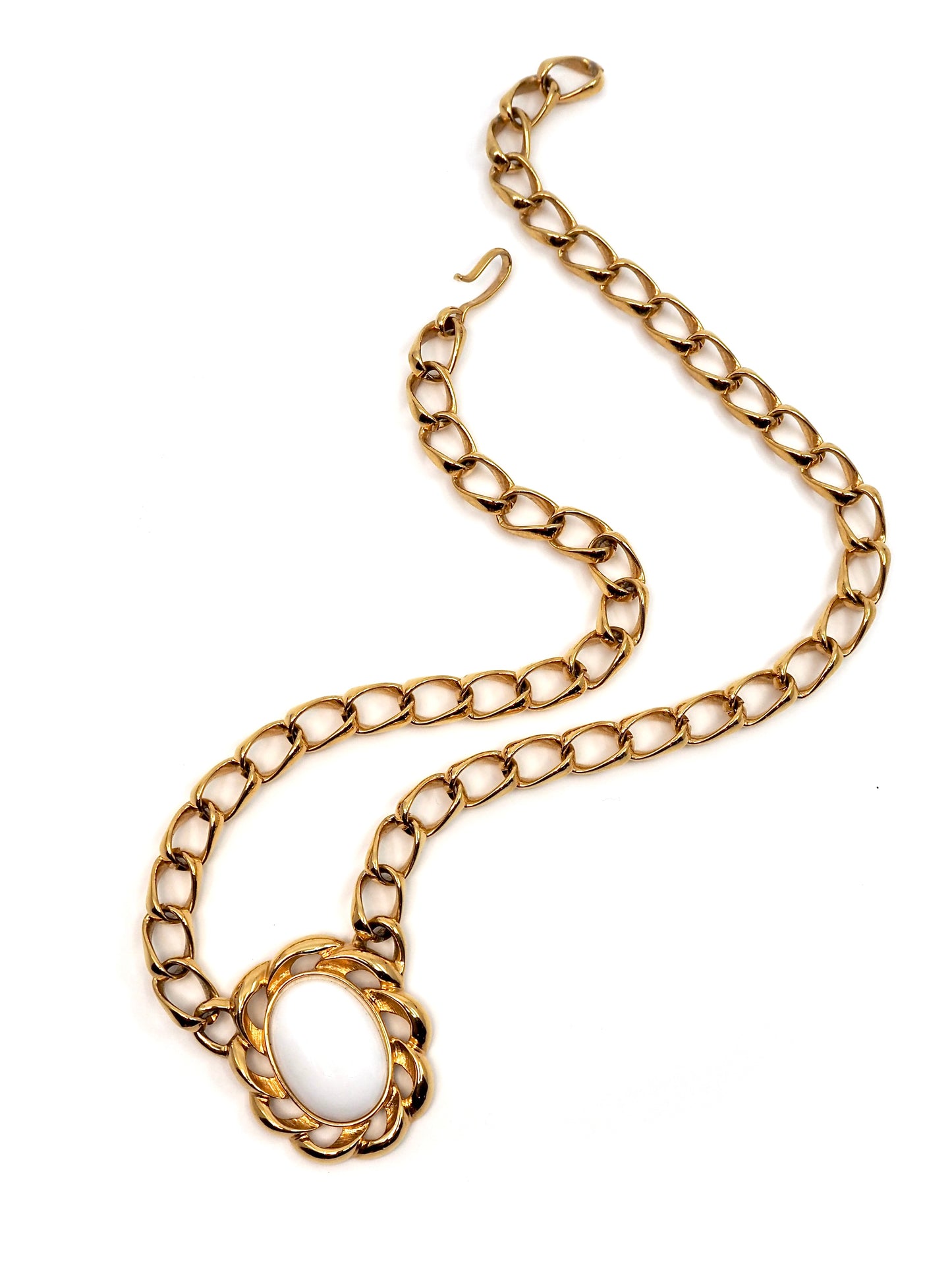 Monet Gold Curb Chain Necklace with White Cabochon Rope Frame Pendant