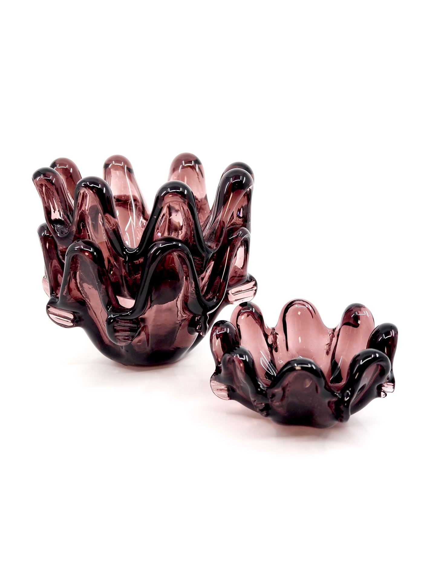 Amethyst Hand Blown Italian Art Glass Splash Rim Bowls, Set of 3