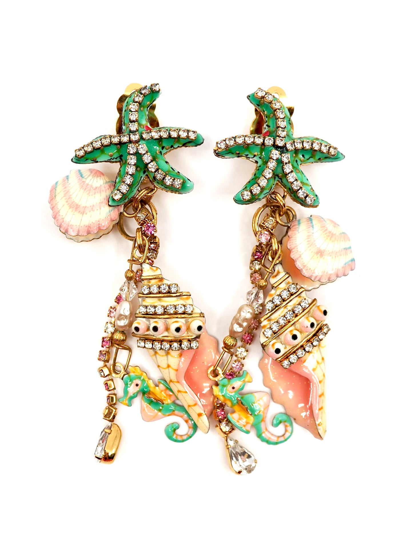 Lunch at the Ritz Enameled Starfish, Shell, and Seahorse Charm Earrings