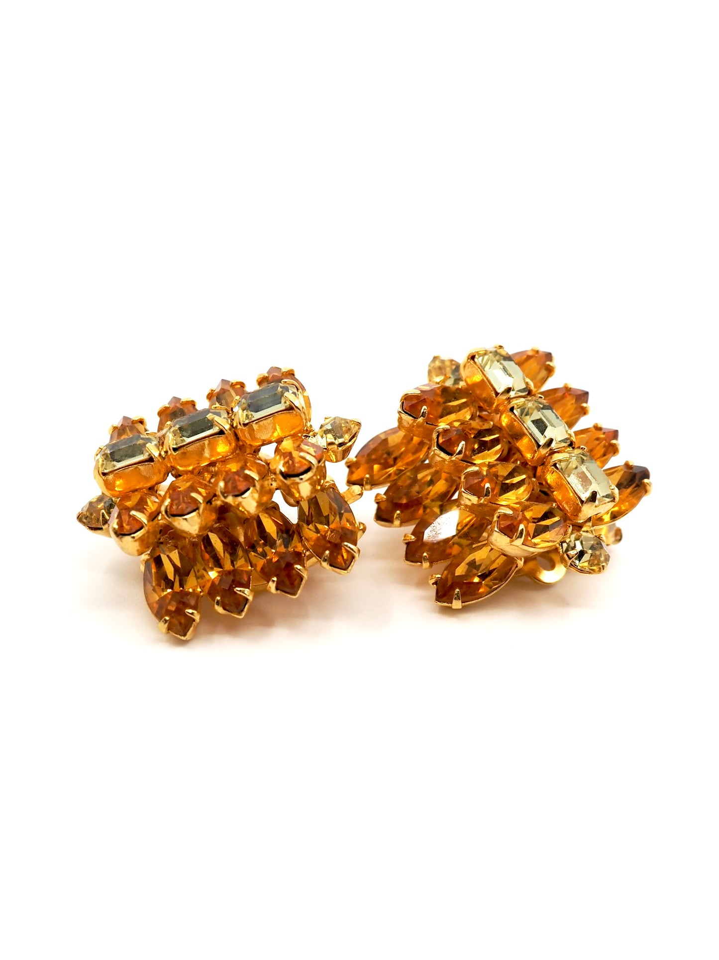 Kramer of N.Y. Canary Yellow and Amber Rhinestone Stacked Cluster Earrings