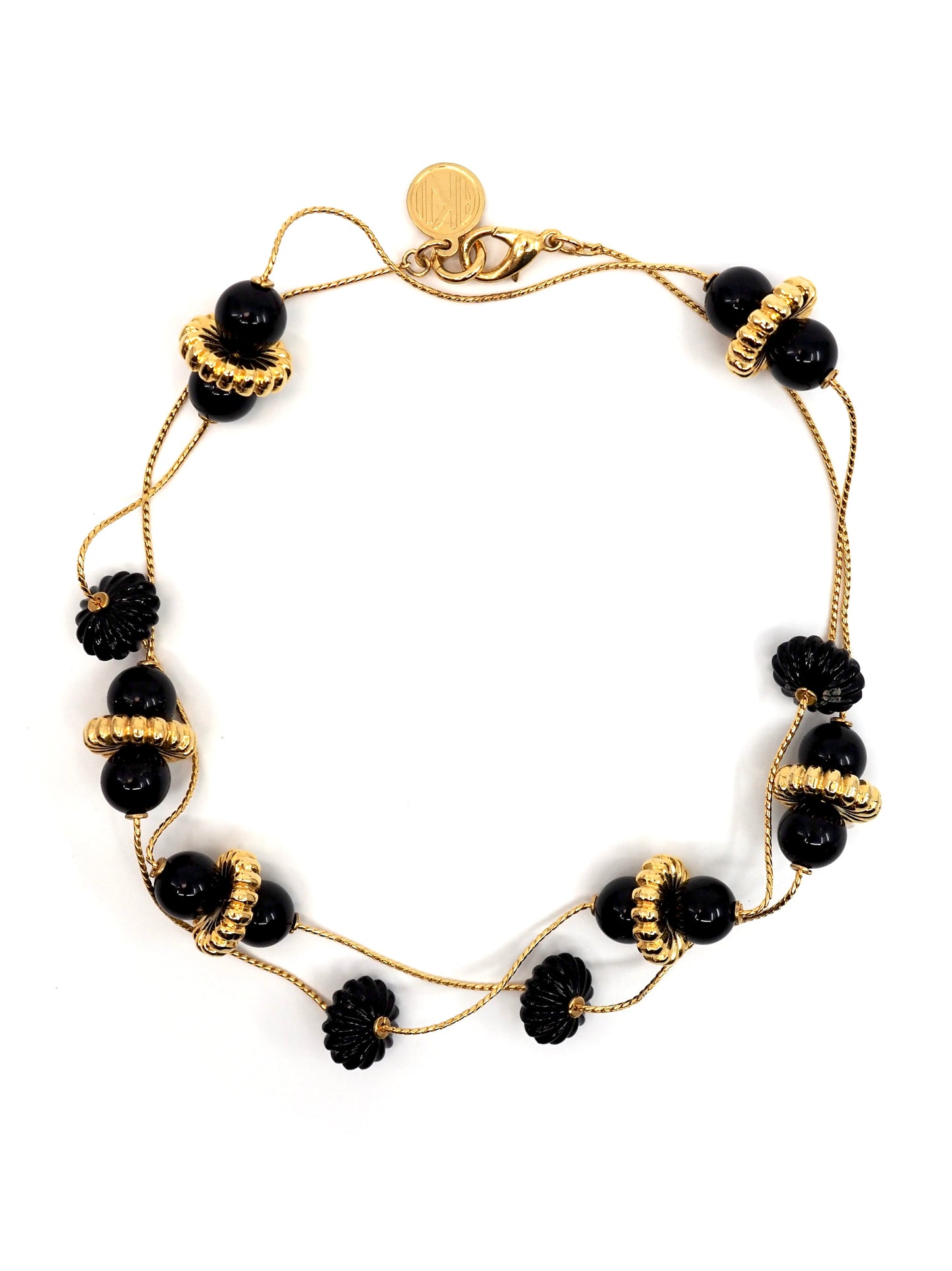 Anne Klein Gold Tone and Black Lucite Bead Station Chain Necklace
