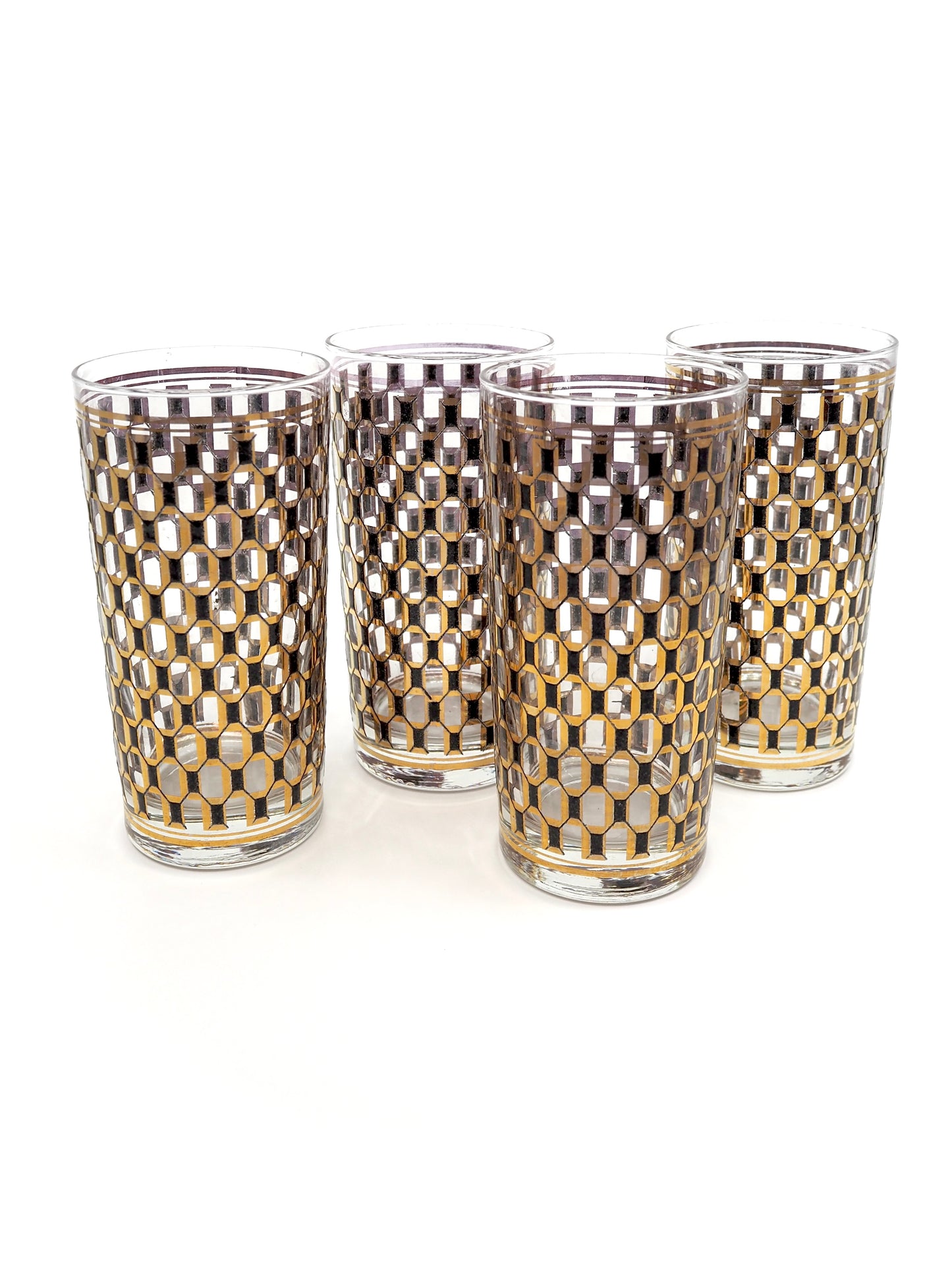 Mid Century Gold and Black Honeycomb Highball Glasses, Set of 4