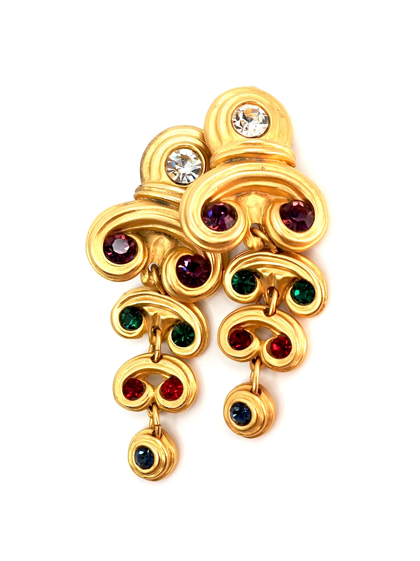 Blanca Gold Byzantine Scroll Multi Jewel Cascade Drop Clip Earrings