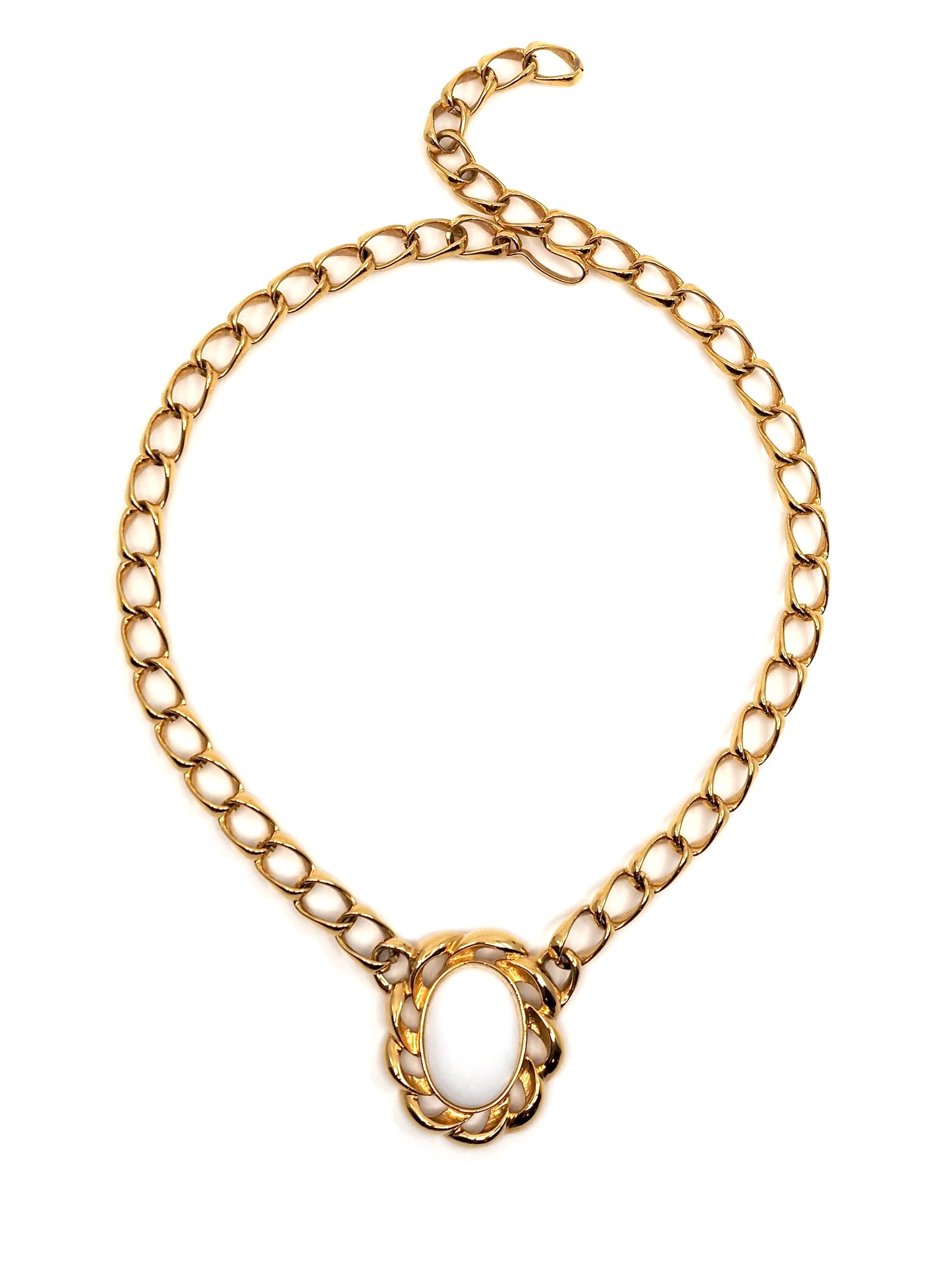 Monet Gold Curb Chain Necklace with White Cabochon Rope Frame Pendant