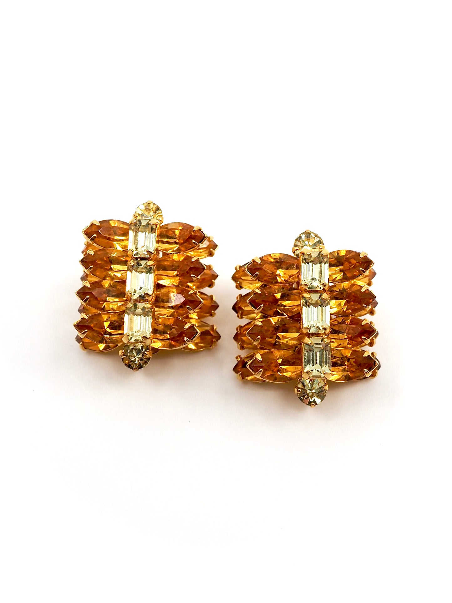 Kramer of N.Y. Canary Yellow and Amber Rhinestone Stacked Cluster Earrings