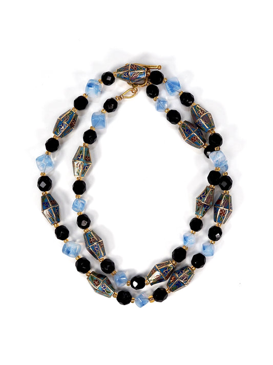 Chinese Cloisonné, Jet, and Cornflower Blue Art Glass Beaded Long Necklace