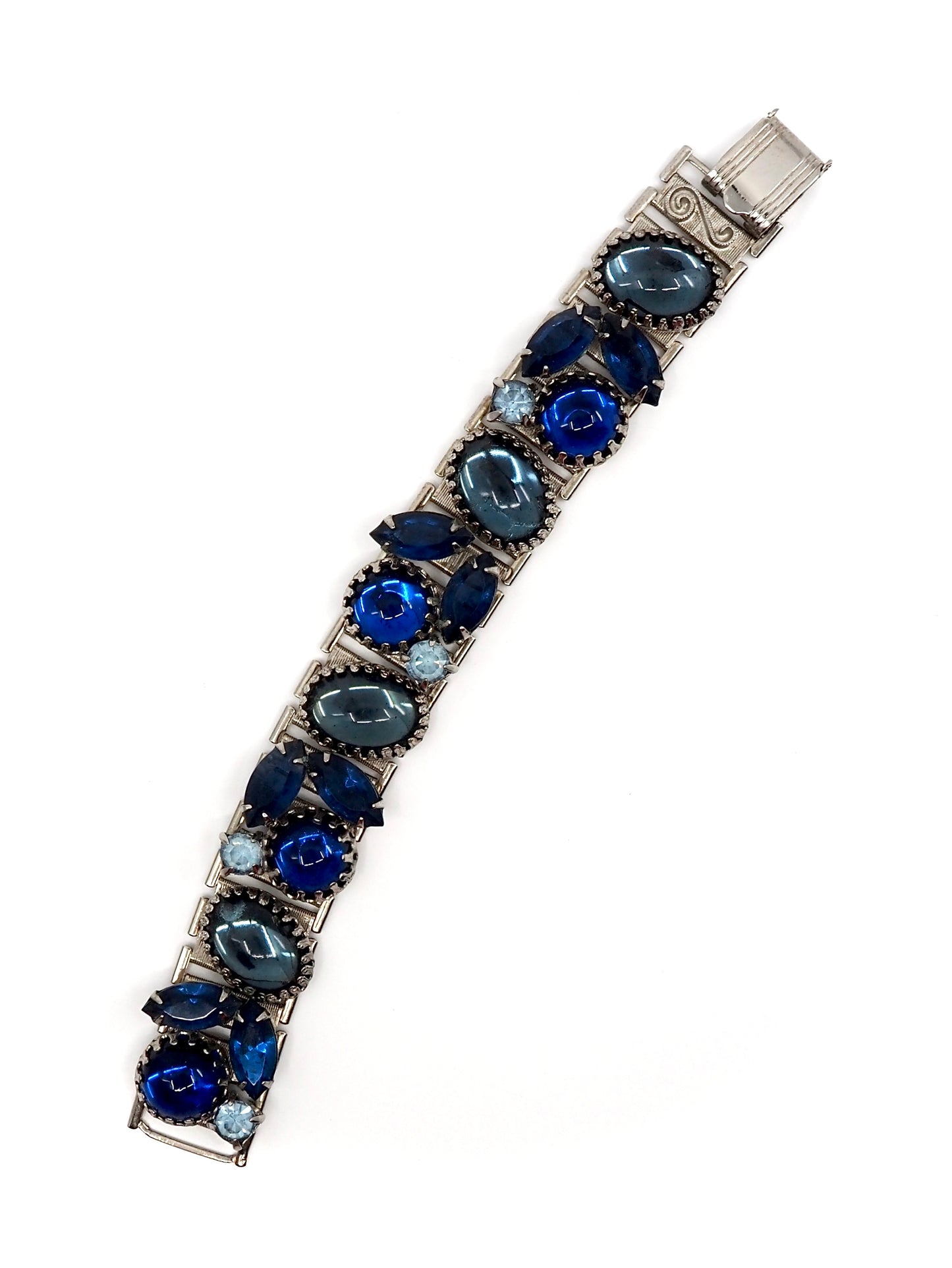 Silver Tone Blue Glass Cabochon and Rhinestone Statement Bracelet