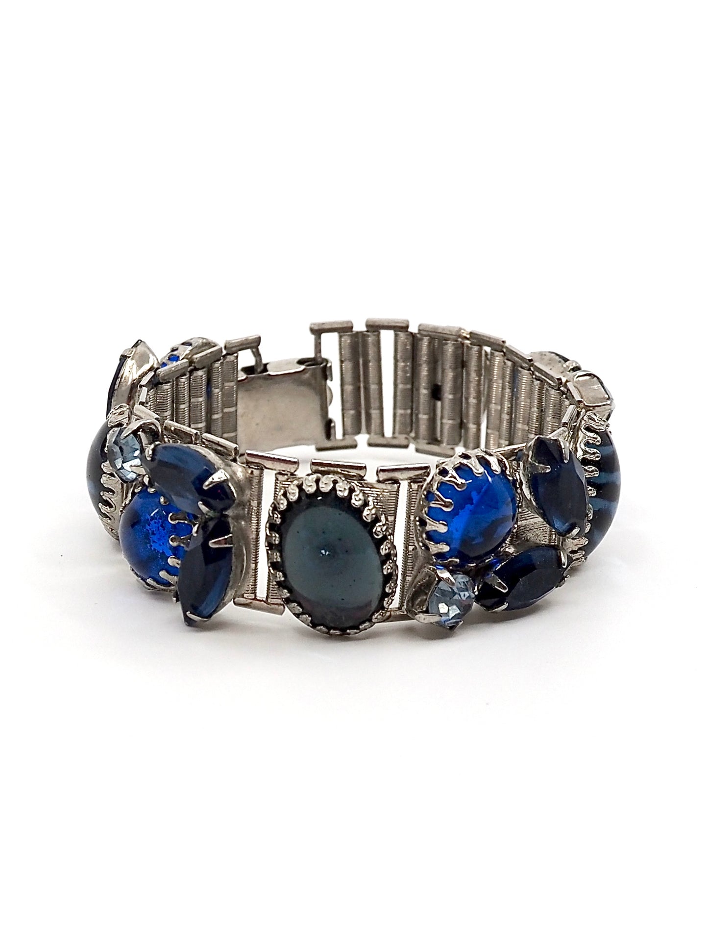 Silver Tone Blue Glass Cabochon and Rhinestone Statement Bracelet