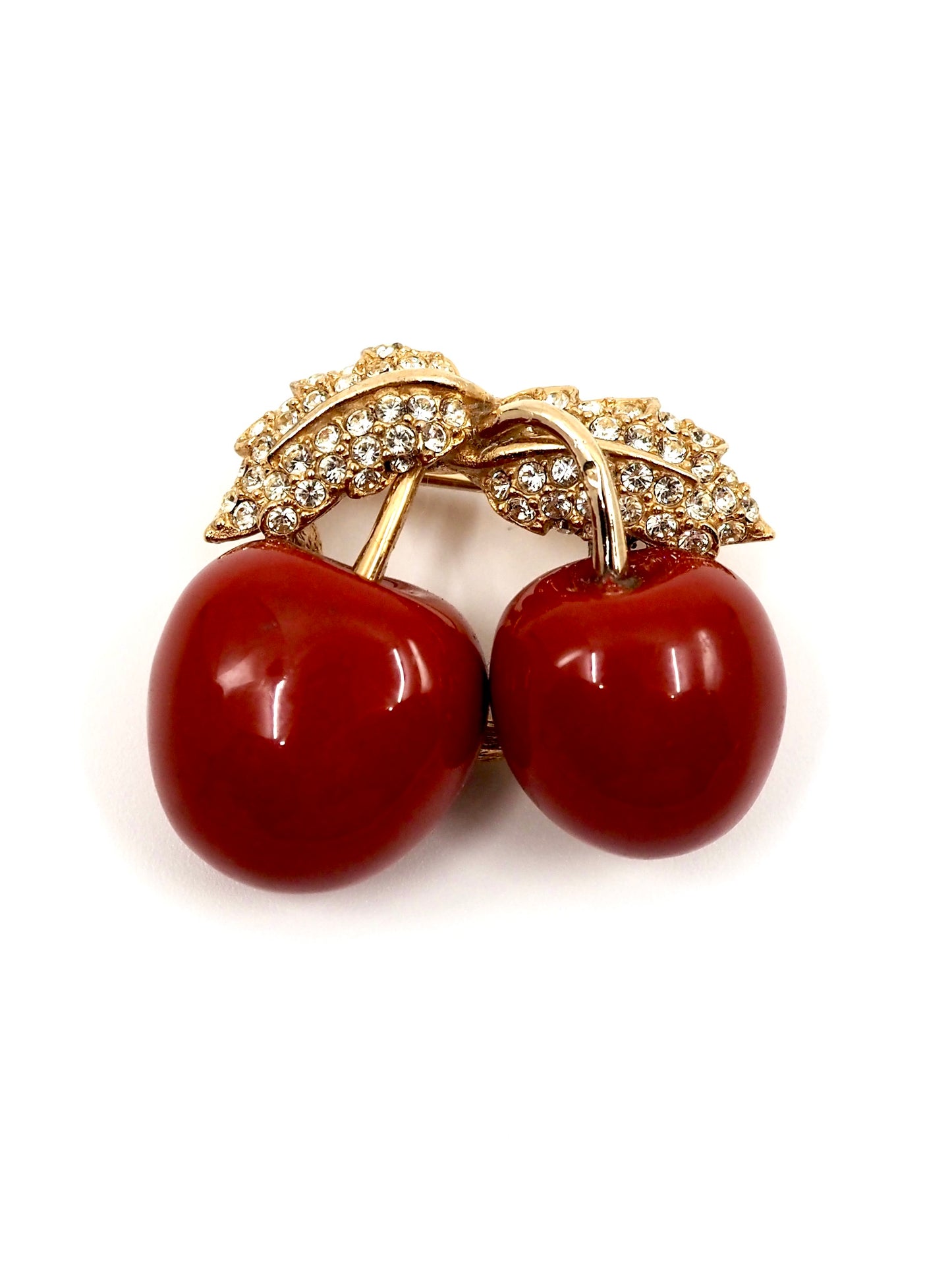 Deep Red Enamel Cherry Brooch with Pavé Rhinestone Leaves