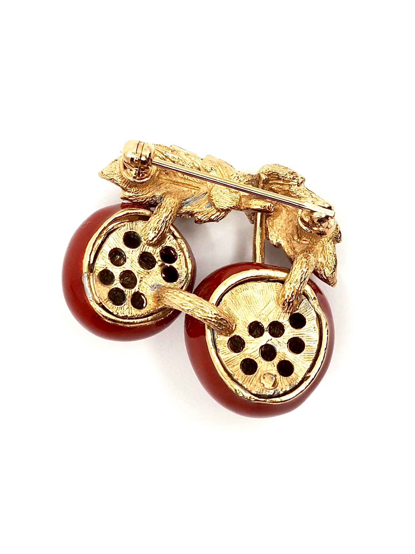 Deep Red Enamel Cherry Brooch with Pavé Rhinestone Leaves
