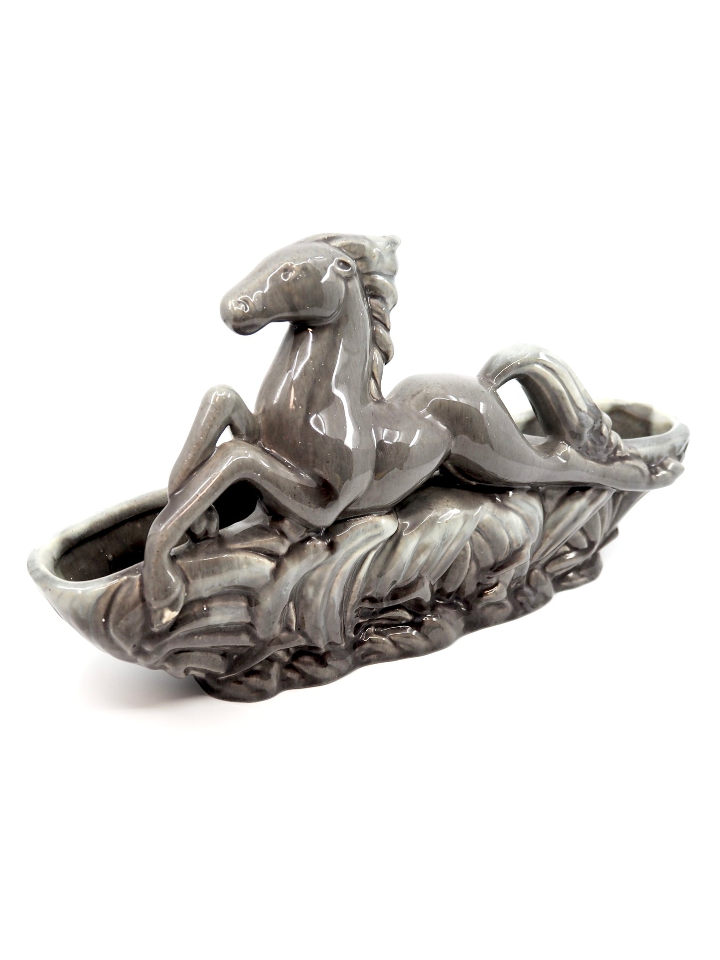 American Mid Century Gray Glazed Leaping Horse Figural Planter