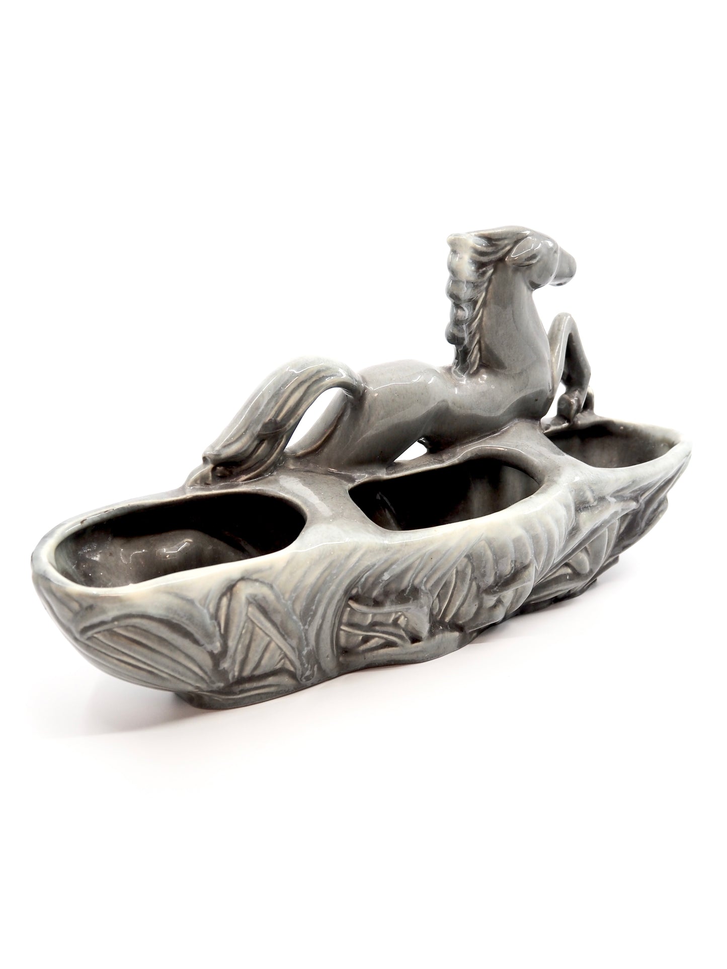 American Mid Century Gray Glazed Leaping Horse Figural Planter