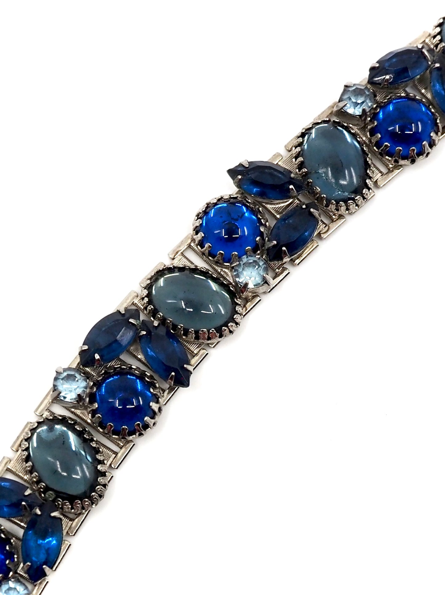 Silver Tone Blue Glass Cabochon and Rhinestone Statement Bracelet